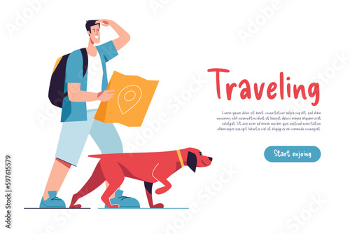 Tourist traveler with map and his dog explore the route. Vector illusration