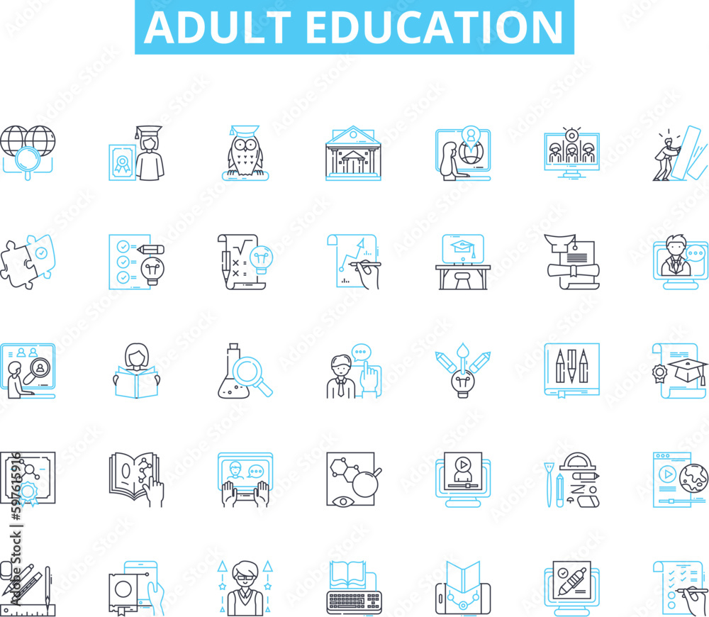 Adult education linear icons set. Lifelong, Renewal, Empowerment, Skilled, Knowledgeable, Development, Progress line vector and concept signs. Growth,Confidence,Learning outline illustrations Adult education linear icons set. Lifelong, Renewal, Empowerment, Skilled, Knowledgeable, Development, Progress line vector and concept signs. Growth,Confidence,Learning outline illustrations