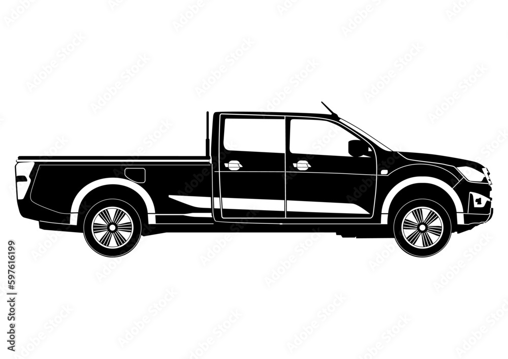 Silhouette of a modern pickup. Side view. Editable vector consisting of two shapes: black and white.