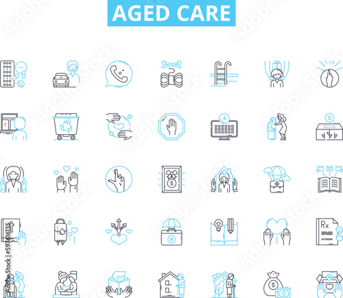 Aged care linear icons set. Elderly, Retirement, Nursing, Assistance, Health, Comfort, Support line vector and concept signs. Seniority,Compassion,Rehab outline illustrations