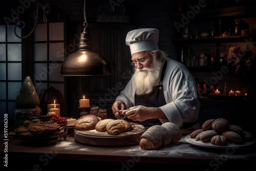 Santa Claus is baking bread and buns on Christmas Eve in his kitchen. Holiday and New Year concept. Generative AI