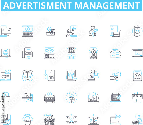 Advertisment management linear icons set. Advertising, Strategy, Budgeting, Analysis, Optimization, Campaign, Targeting line vector and concept signs. Metrics,Performance,Creativity outline
