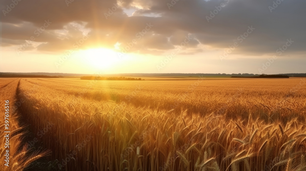 Field of ripe golden wheat in rays of sunlight Illustration AI Generative.