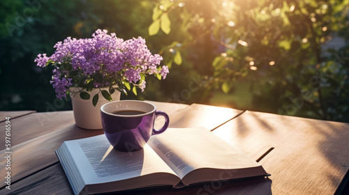 Cup of coffee with book and Lilly flowers. Illustration AI Generative.