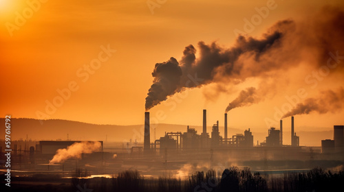 industrial landscape with smokestacks and factories emitting carbon emissions, representing the negative impact of climate change on air quality. Generative AI photo