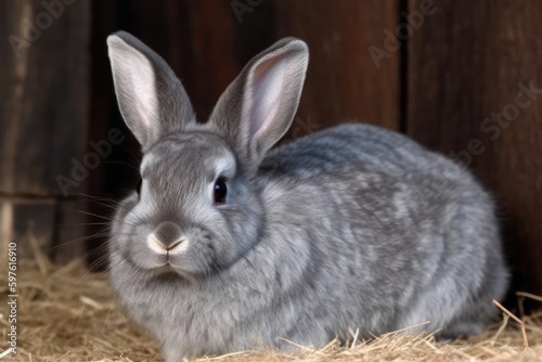 cute gray rabbit resting on a stack of hay. Generative AI