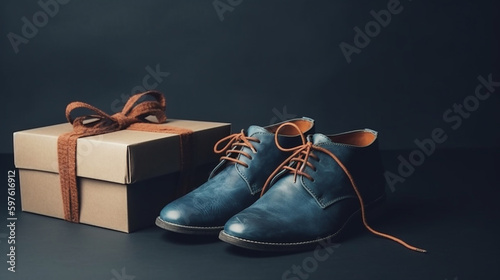 Mens Shoes with Gift Box and Bow in Masculine Blues and Browns - Fathers Day Gift Guide Theme - Generative AI
