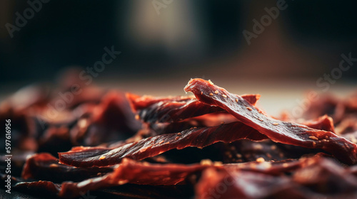 Macro shot of fresh beef jerky. Generative AI