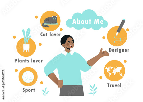 About me concept. Young guy talks about his hobbies. Man loves cats, travel, plants and sports, engaged in design. Social networks and communication on Internet. Cartoon flat vector illustration