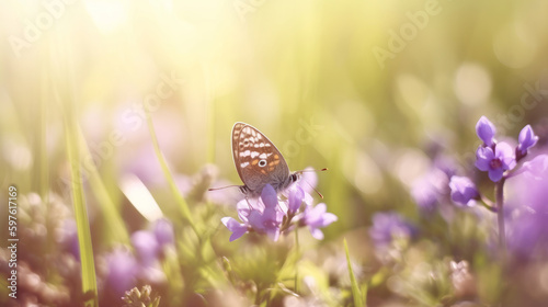 Natural background with butterfly on field. Illustration AI Generative