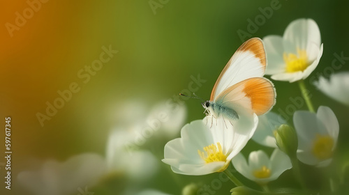 Anemone flower with butterfly. Illustration AI Generative.