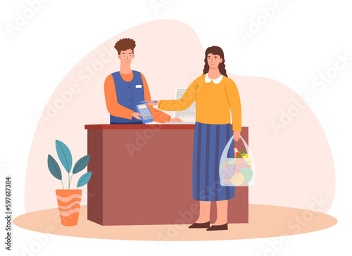 Woman paying with smartphone. Contactless and noncash payment in store. Young girl attaches smartphone to terminal. Online transactions and transfers concept. Cartoon flat vector illustration photo