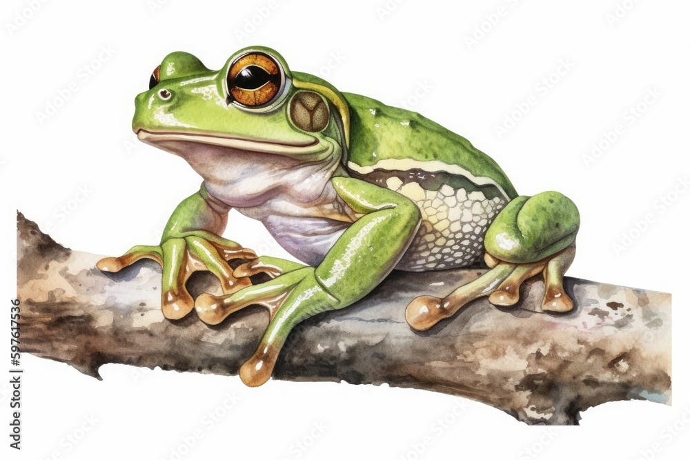 Digital illustration of a watercolor painted tree frog, on a branch, isoalted on white background. Nature art, design asset. Made in part with generative ai.
Digital illustration of a watercolor painted tree frog, on a branch, isoalted on white background. Nature art, design asset. Made in part with generative ai.