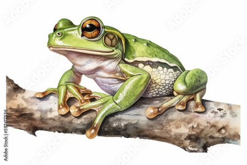 Digital illustration of a watercolor painted tree frog, on a branch, isoalted on white background. Nature art, design asset. Made in part with generative ai. 