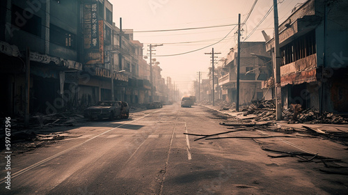 A burned city street with no life. Generative AI