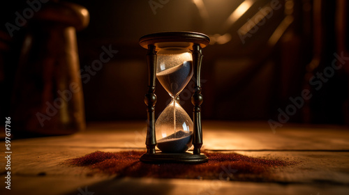 A genuine hourglass, an old-fashioned clock, and some golden sand. Generative AI