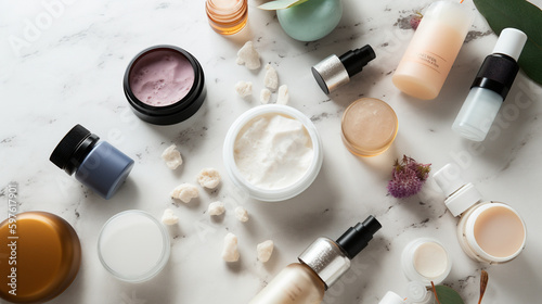 A top view of a collection of organic skincare products arranged on a white stone table. Ideal for promoting natural and chemical-free skincare. Generative AI
