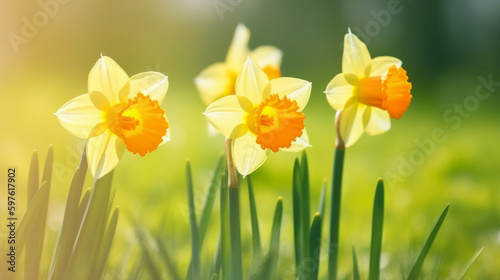 Daffodils flower background. Illustration AI Generative. © olegganko
