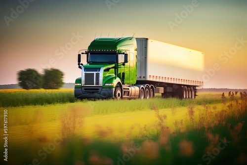 A truck driving through a blurred green meadow at sunrise. Ai generative.