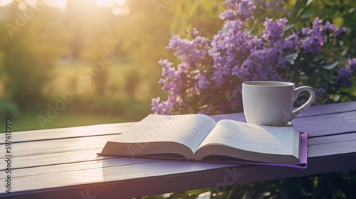 Cup of coffee with book and Lilly flowers. Illustration AI Generative.