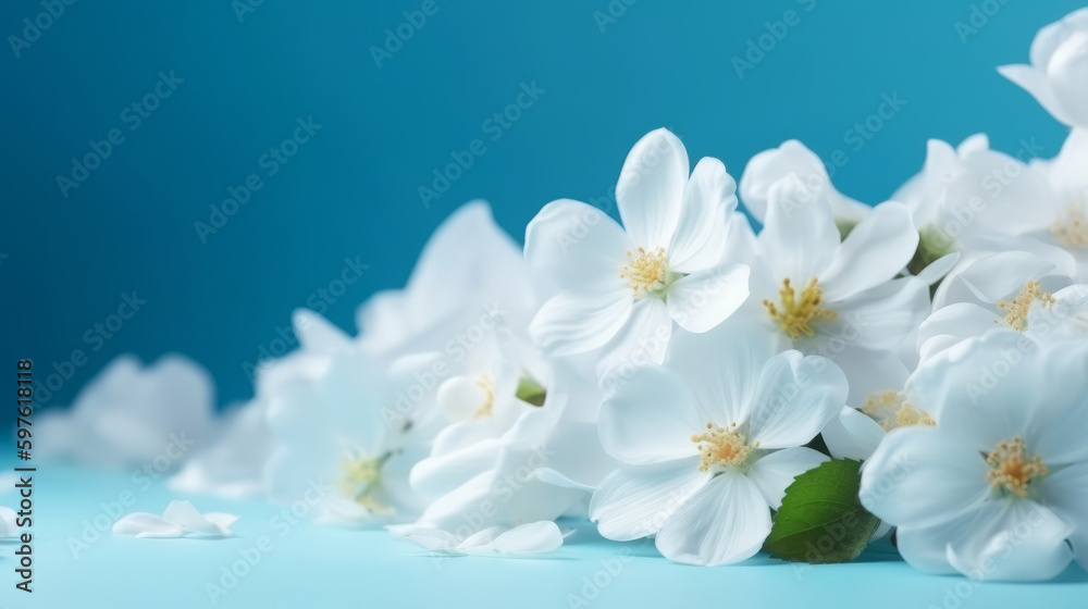 Obraz premium White spring flowers on blue background. Illustration AI Generative.