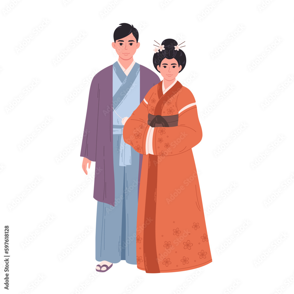 Japanese couple in traditional clothing. Asian man and woman, asian culture, ethnicity. Vector illustration in flat style.