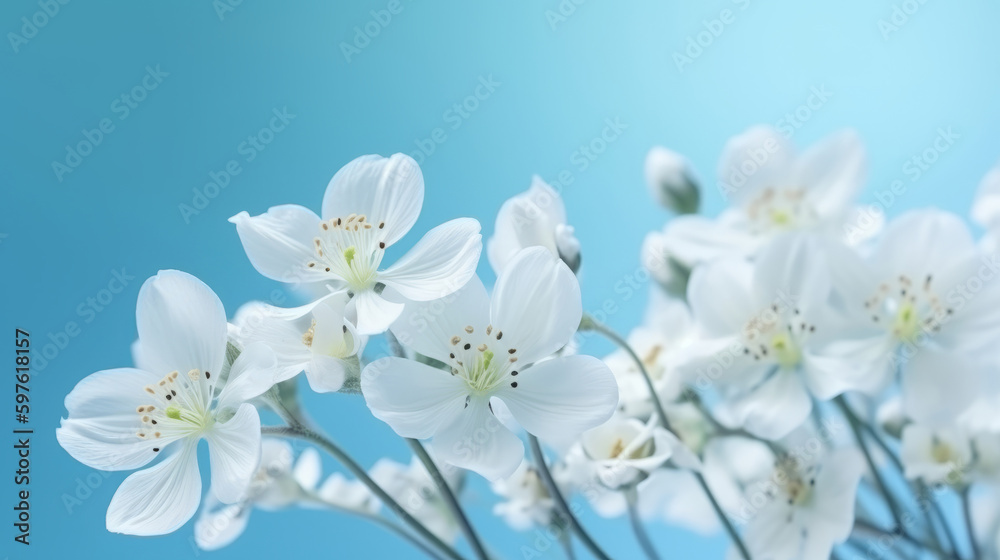 Obraz premium White spring flowers on blue background. Illustration AI Generative.
