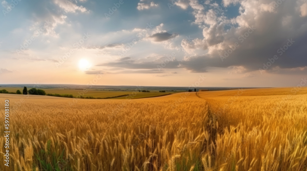 Field of ripe golden wheat in rays of sunlight Illustration AI Generative.