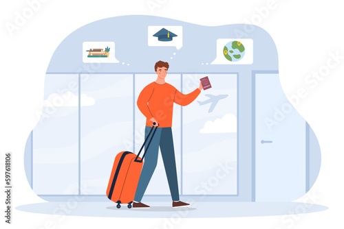 Study abroad concept. Man with luggage and foreign passport at airport. Travel and vacation, student exchange and international education.