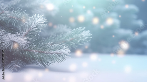 Winter Christmas background with Fir and snow. Illustration AI Generative.