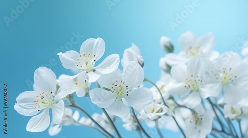 White spring flowers on blue background. Illustration AI Generative.