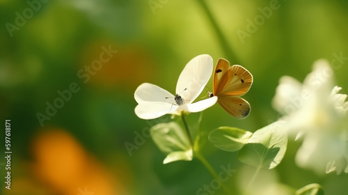 Anemone flower with butterfly. Illustration AI Generative.