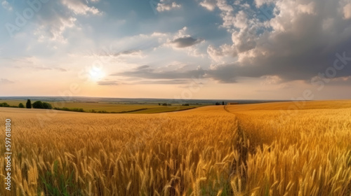 Field of ripe golden wheat in rays of sunlight Illustration AI Generative.