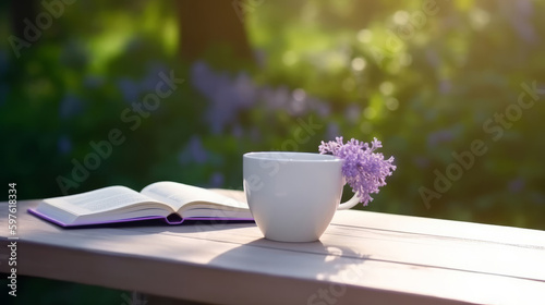 Cup of coffee with book and Lilly flowers. Illustration AI Generative.