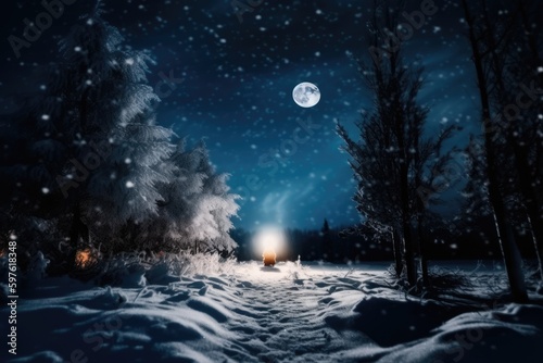 serene winter night with a full moon shining over a snowy landscape. Generative AI