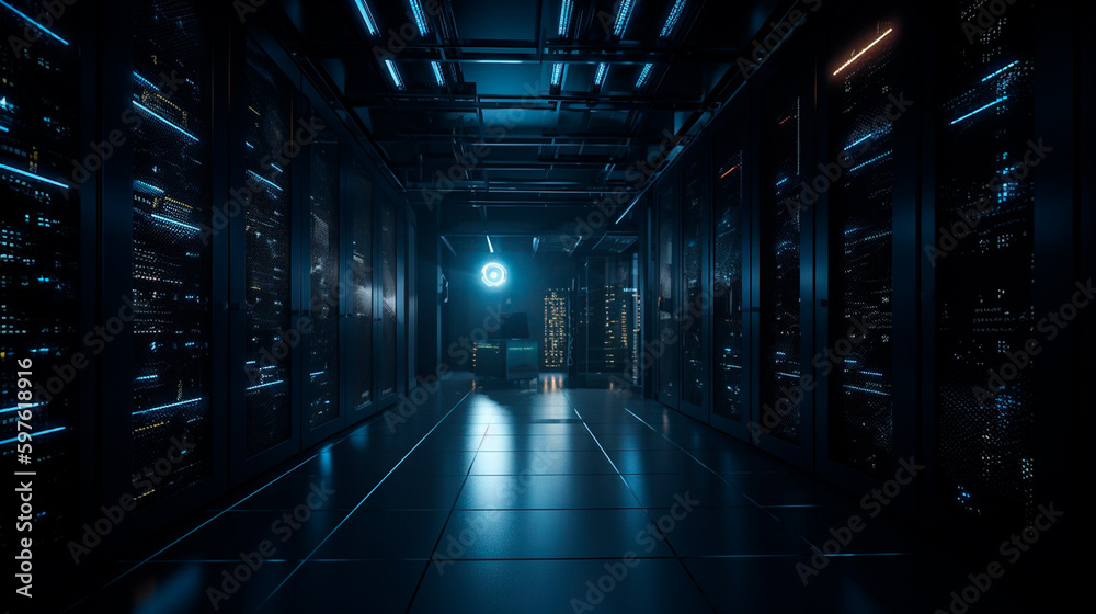 Imagery of dark servers data center room with computers and storage systems and glowing elements. Generative AI