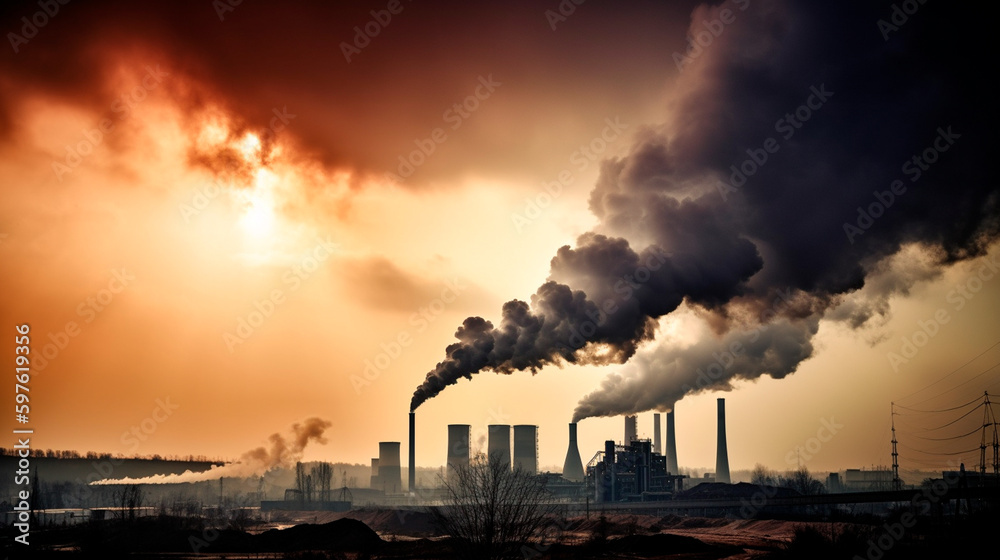 industrial landscape with smokestacks and factories emitting carbon emissions, representing the negative impact of climate change on air quality. Generative AI