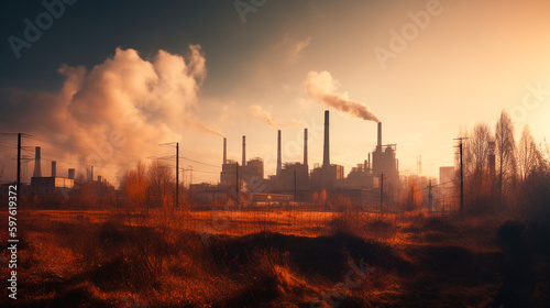 industrial landscape with smokestacks and factories emitting carbon emissions, representing the negative impact of climate change on air quality. Generative AI