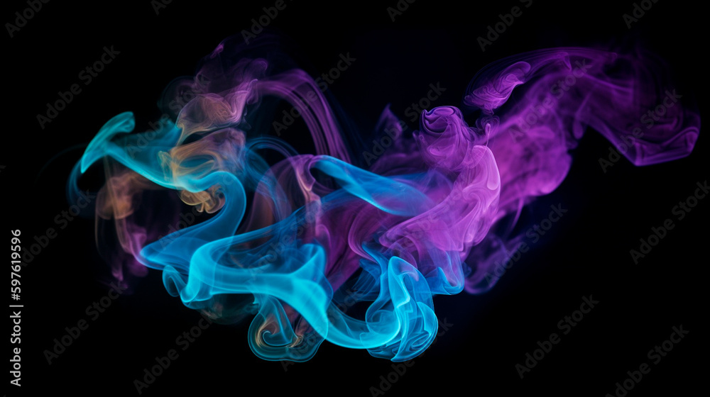Neon blue and purple multicolored smoke puff cloud design elements on a dark background. Generative AI Neon blue and purple multicolored smoke puff cloud design elements on a dark background. Generative AI