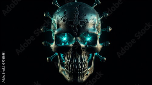 Mystical scary human skull and crossbones glowing in the dark. Generative AI photo