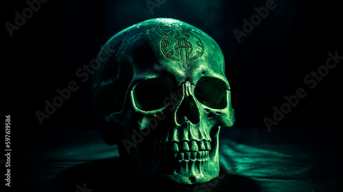 Mystical scary human skull and crossbones glowing in the dark. Generative AI