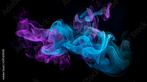 Neon blue and purple multicolored smoke puff cloud design elements on a dark background. Generative AI
