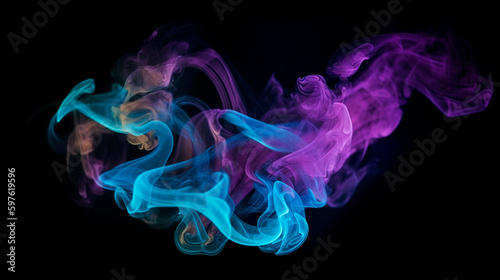 Neon blue and purple multicolored smoke puff cloud design elements on a dark background. Generative AI © Aram