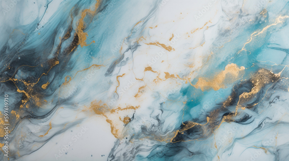 Soft blue marble texture with gold streaks. Generative AI