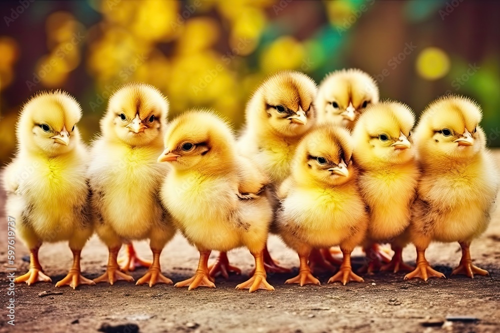 group of adorable yellow chicks standing together. Generative AI
