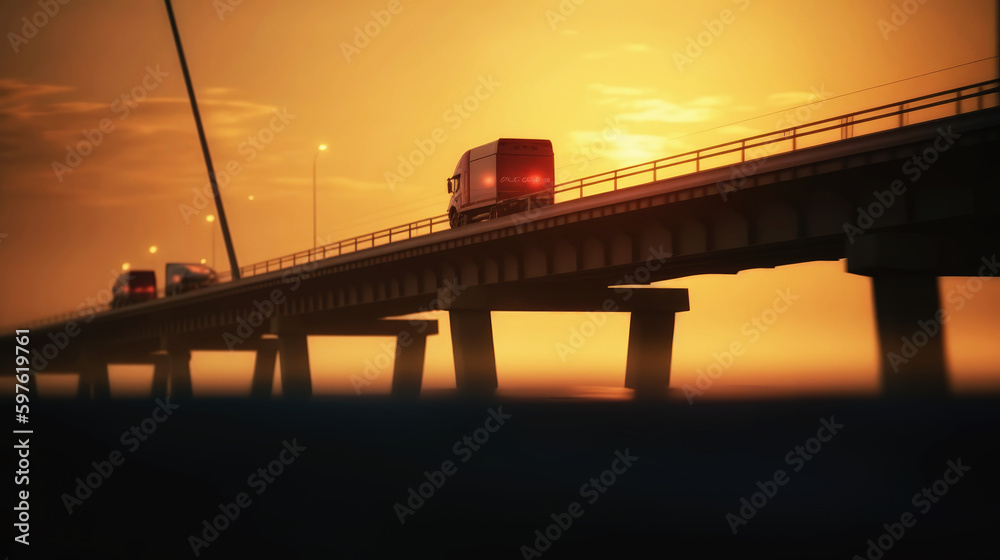 Truck crossing a bridge at sunset. Copy space. Generative AI. 3