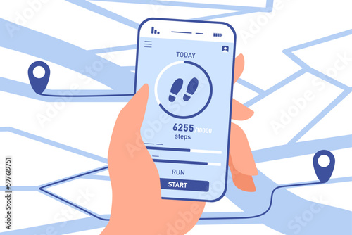 Fitness tracking concept. Character holds smartphone in hand and looks at route of jogging, training. Statistics and infographics for athletes. Sport and workout. Cartoon flat vector illustration