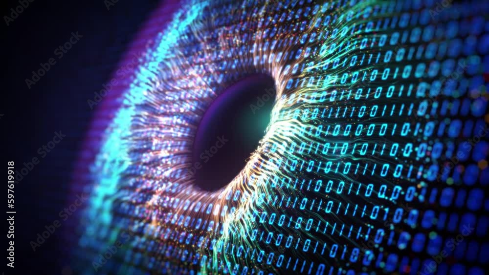 Human multicolored iris of the eye animation concept. Rainbow lines with binary numbers and forming volumetric a human eye iris and pupil. futurictic ai concept 3d rendering background in 4K	