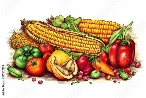 corn on the cob and assorted vegetables arranged on a plate. Generative AI