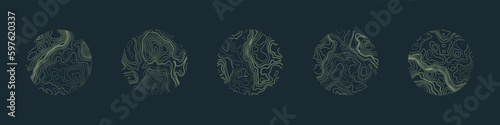 Various Contour Topographic Maps in Circles Vector Abstract Design Elements. Tangled Wavy Curved Lines Different Geological Patterns Mod Wide Abstraction. Terrain Texture Collection Geology Background